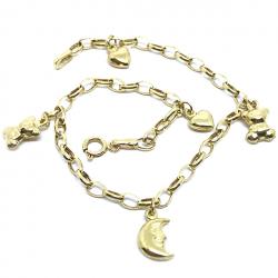 Pulseira feminina em ouro 18k elos portuguese c/pingentes ocos - 2PUO0662