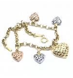 Pulseira elos portugueses em ouro amarelo 18k - Corações Pingentes - 2PUO0669 Pulseira elos portugueses em ouro amarelo 18k - Corações Pingentes - 2PUO0669